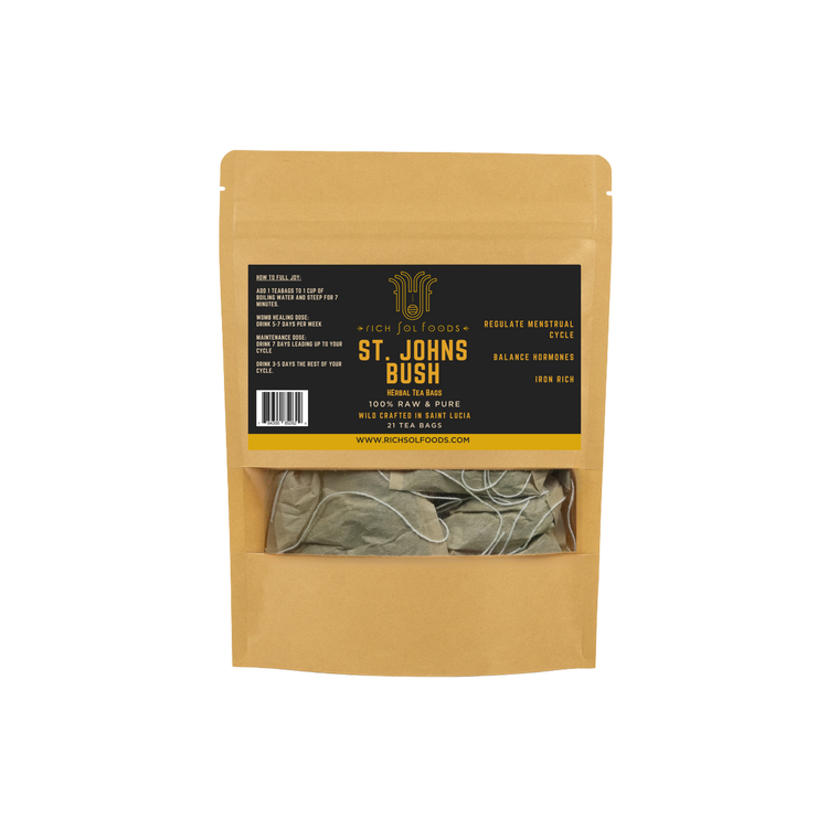 Brown package with a label for 'St. John's Bush' on a white background