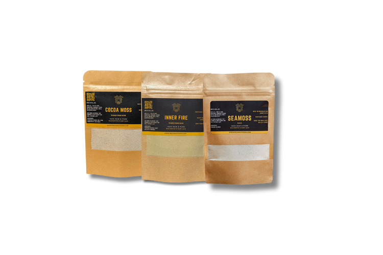 Three brown paper bags with labels on a black background