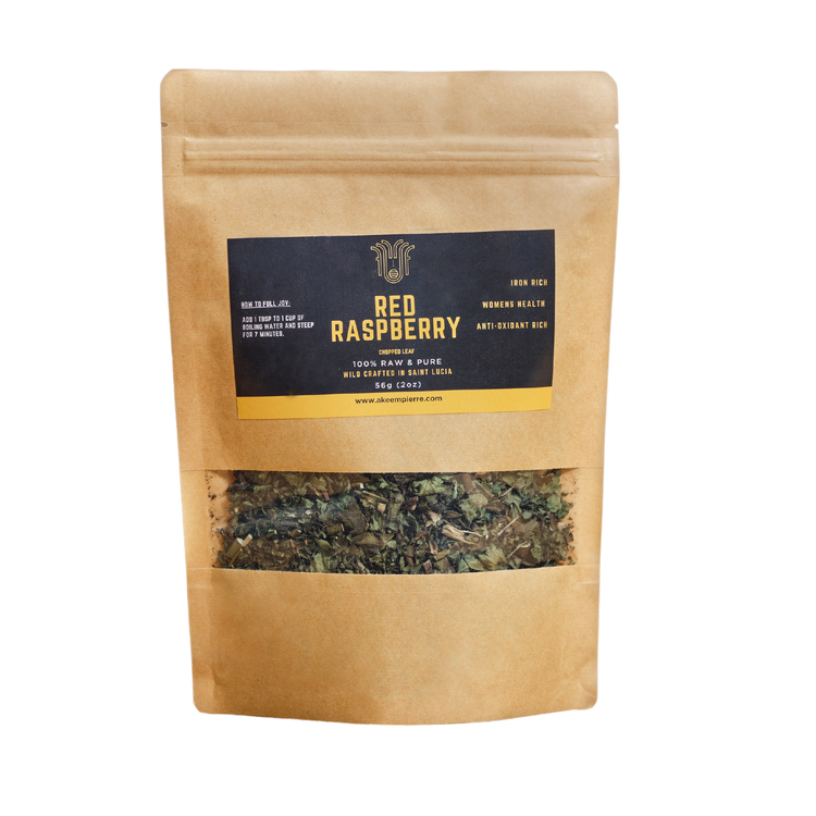 Kraft paper packaging of red raspberry tea with a clear window showing the tea leaves.