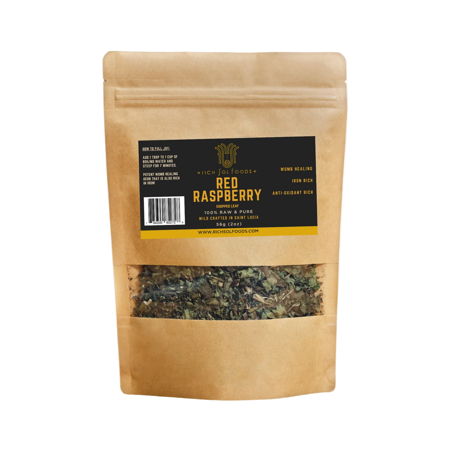 Kraft paper package of red raspberry product with a Rich Sol Foodslabel on a white background