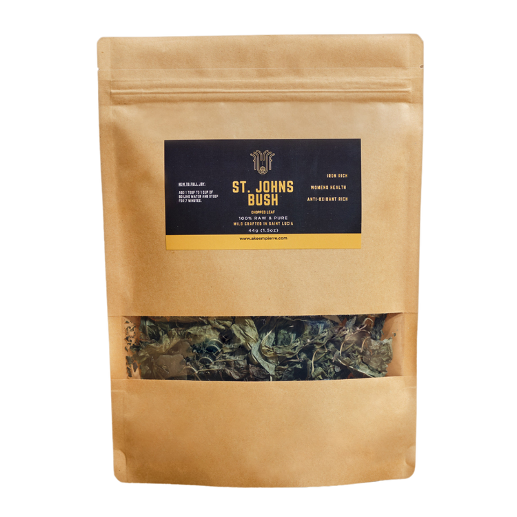 Kraft paper packaging of St. John's Bush with visible herbs inside on a white background