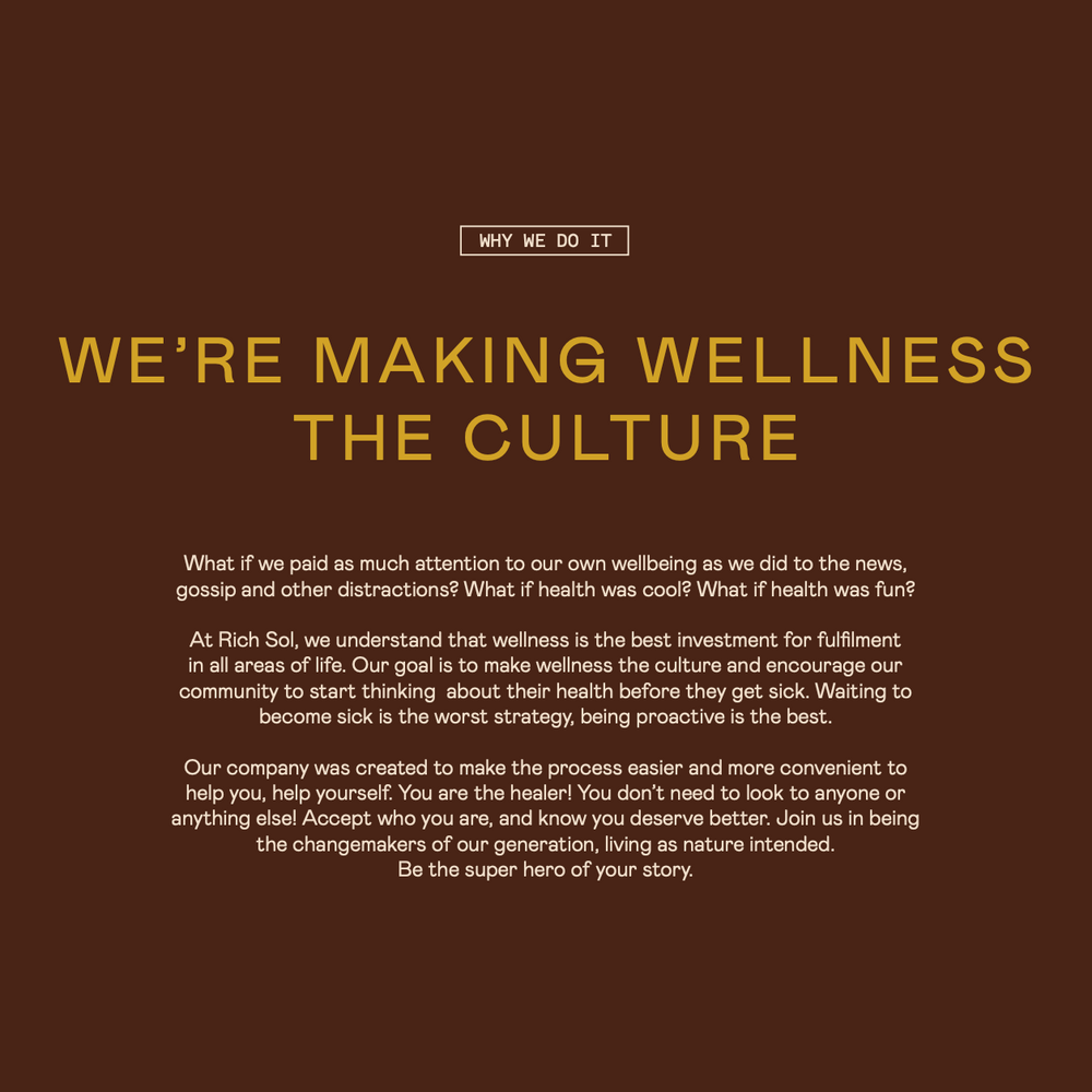 Text on a dark background about making wellness the culture with a logo and text 'LOVE' on a lighter background.