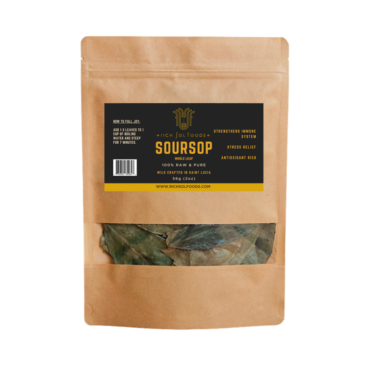 Kraft paper package of soursop leaves with a black label on a white background