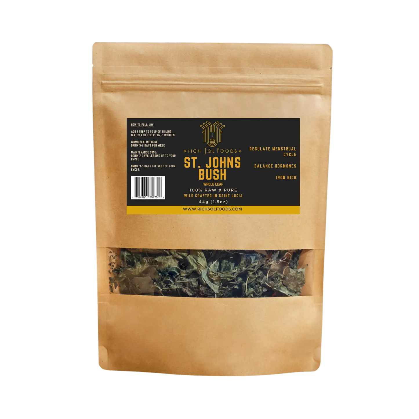 A stand-up kraft paper pouch of St. John's Bush herbal tea with a black and gold label, shown on a plain white background.