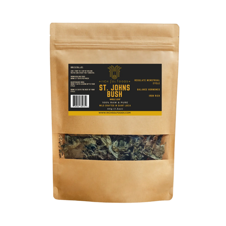 A stand-up kraft paper pouch of St. John's Bush herbal tea with a black and gold label, shown on a plain white background.