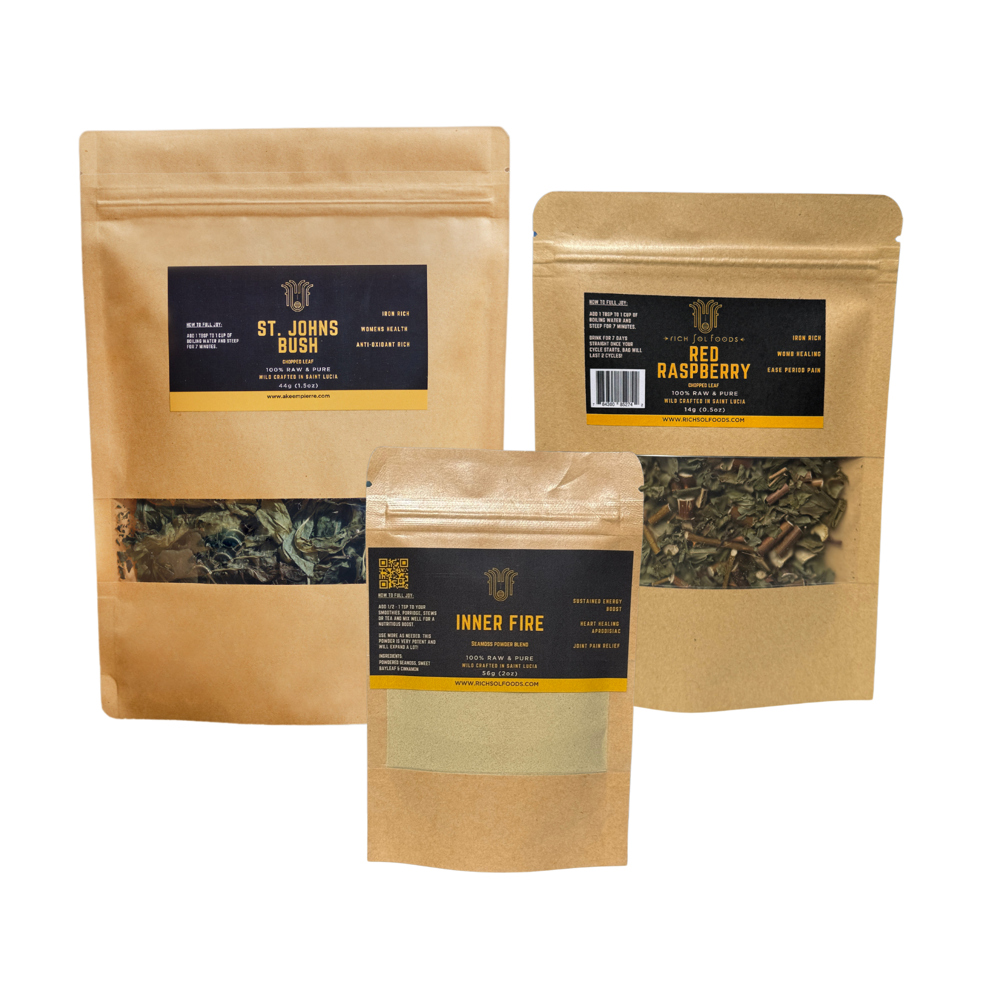 Three packages of herbal supplements, labeled as St. John's Bush, Red Raspberry, and Inner Fire Seamoss Powder Blend, with a transparent window showing the contents inside.