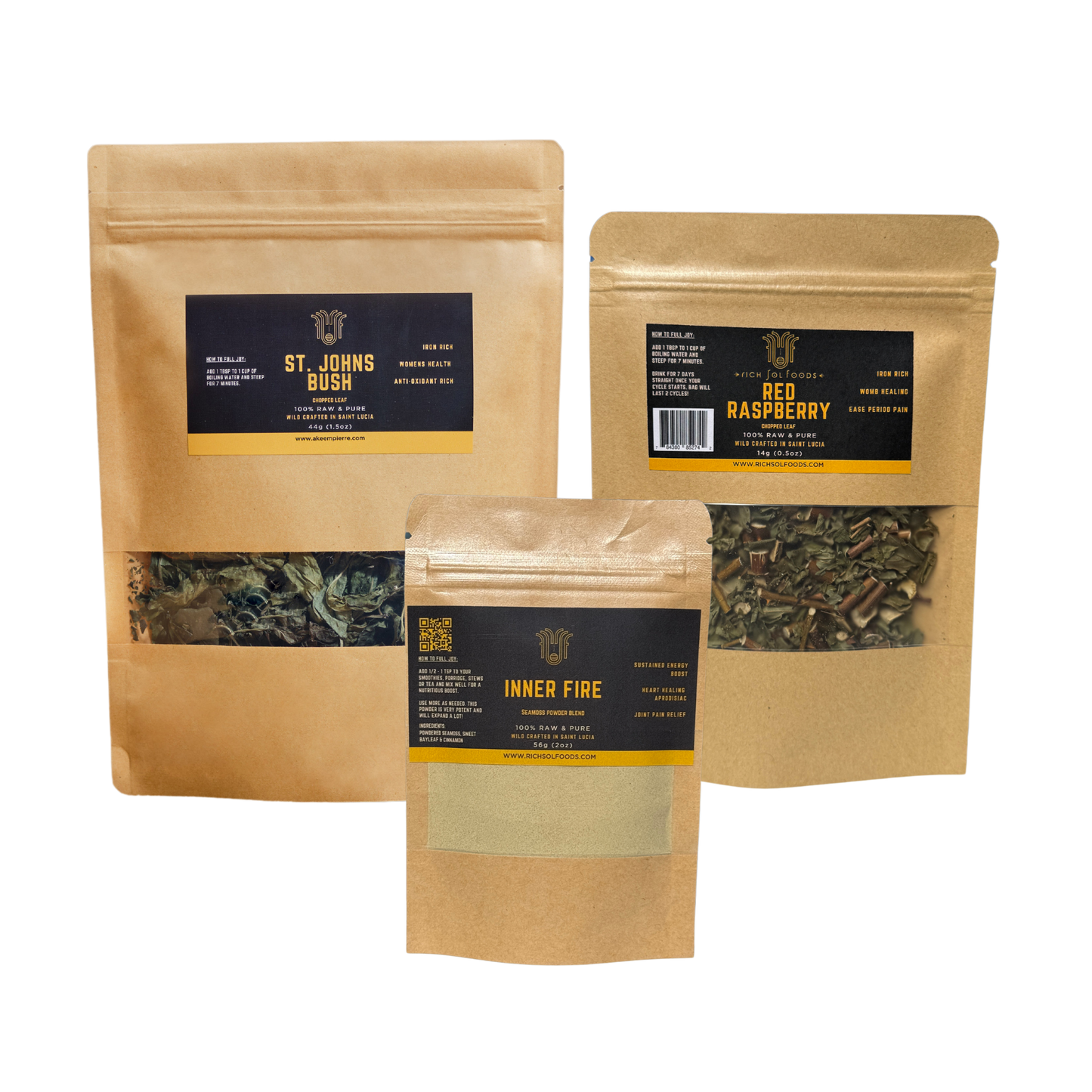 Three packages of herbal supplements, labeled as St. John's Bush, Red Raspberry, and Inner Fire Seamoss Powder Blend, with a transparent window showing the contents inside.